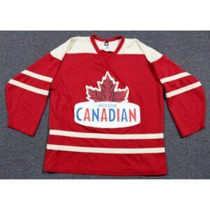 Mens Molson Canadian Hockey #7 Jersey Top Large Canada Beer Red Ivory Leaf Logo